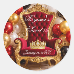 Koninklijke stoel verjaardagsfeest met gouden kroo ronde sticker