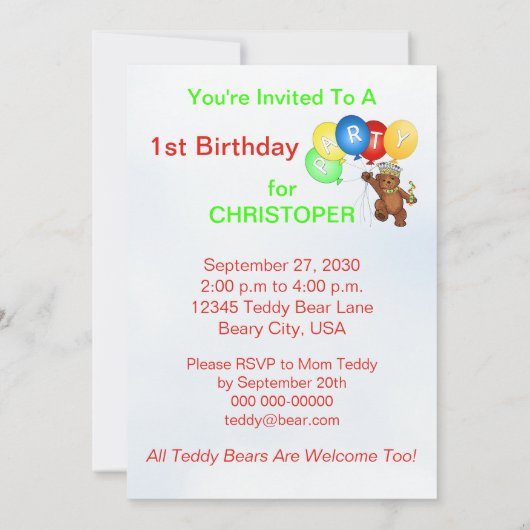 Koninklijke Teddy Bear 1e verjaardag Kaart (Achterkant)