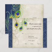 Koninklijke trouwkaart met pauwenveren in het blau RSVP kaartje (Voorkant / Achterkant)