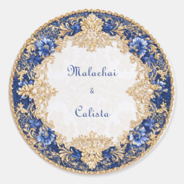 Koninklijke Victoriaanse Saffier Blauwe Gouden Bar Ronde Sticker