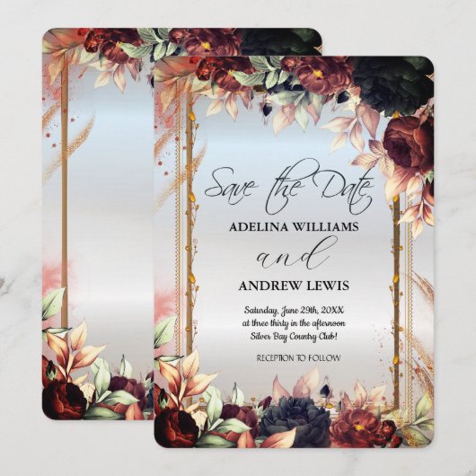 Koninklijke zilveren bloemen Roos, Gouden frame  Kaart (Voorkant / Achterkant)