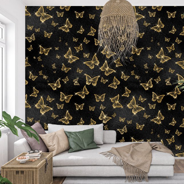 Koninklijke zwarte en gouden Sparkle Butterfly Behang (Royal black and golden Sparkle Butterfly Wallpaper)