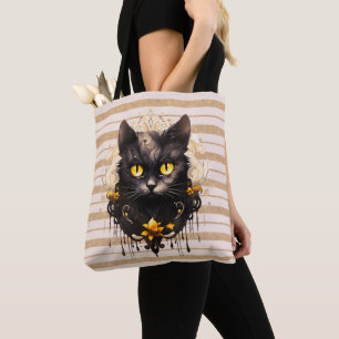 Koninklijke Zwarte Kat Gouden Strepen Halloween Tote Bag