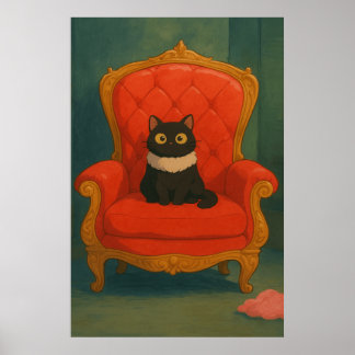 Koninklijke Zwarte Kat op Rode Troon Poster