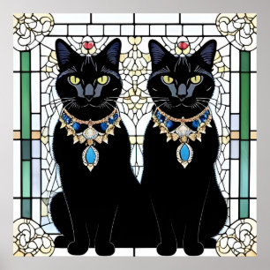Koninklijke Zwarte Katten Glas-in-Lood Sieraden Wa Poster