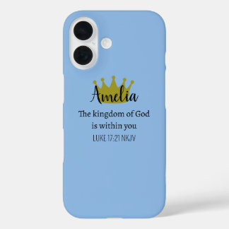 Koninkrijk van God Bijbelvers Naam en Kroon Blauw iPhone 16 Hoesje