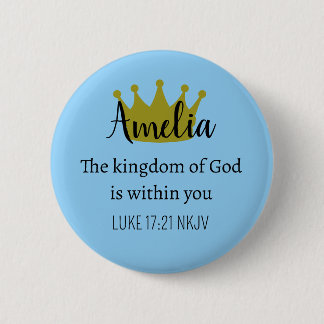 Koninkrijk van God Bijbelvers Naam en Kroon Blauw Ronde Button 5,7 Cm