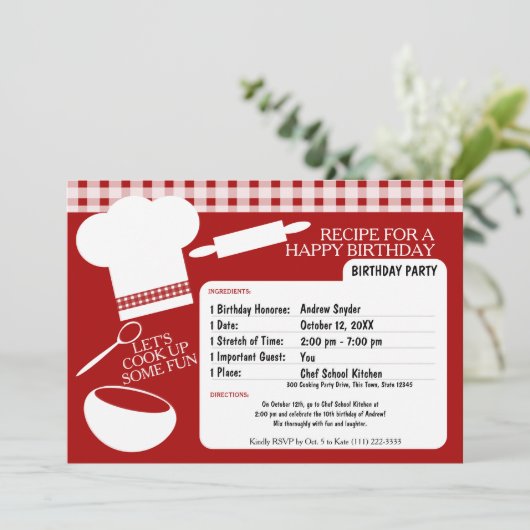 Kook verjaardagsfeestje recept kaart (Staand voorkant)