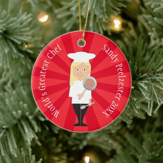 Kookblonde vrouw chef-kok gepersonaliseerd kerstfe keramisch ornament (Boom)