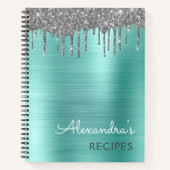 Kookboek Recept Blauwgroen Aqua Blue Silver Glitte Notitieboek (Voorkant)