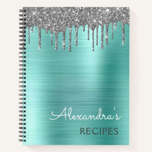 Kookboek Recept Blauwgroen Aqua Blue Silver Glitte Notitieboek (Voorkant)