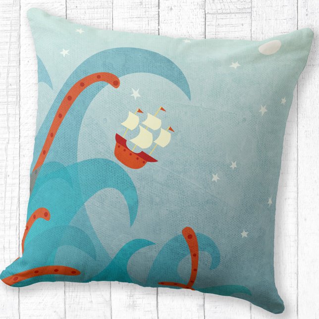 Kookboot Nautical Kussen (Sailing boat wna sea monster fun throw pillow)
