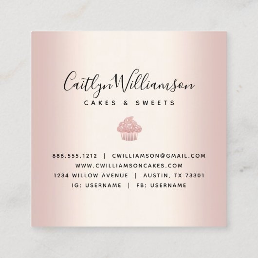 Kookcake bakkerij Kaas Roos Gold Glitter Drives Vierkante Visitekaartje (Achterkant)