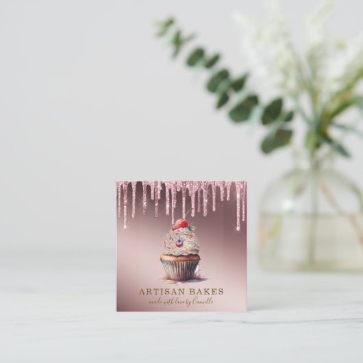 Kookcake bakkerij Kaas Roos Gold Glitter Drives Vierkante Visitekaartje (Staand voorkant)