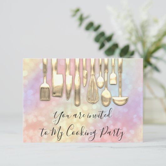 Kookfeest Chef Gouden Keuken Holografisch Kaart (Staand voorkant)