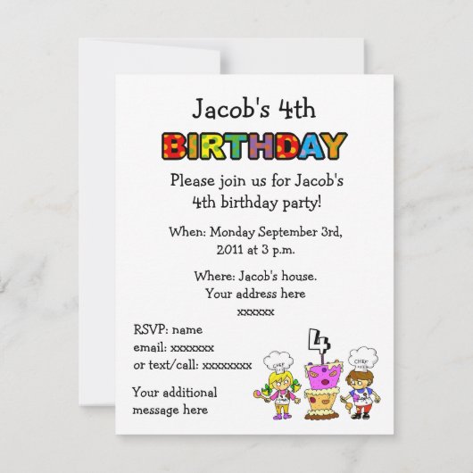 kookfeest op de vierde verjaardag kaart (Achterkant)