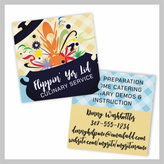 Kookpot barstende aroma's chef catering culinair vierkante visitekaartje
