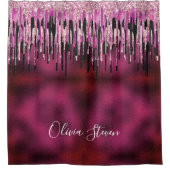 Kookroze zwarte druppels glittermonogram douchegordijn (Voorkant)