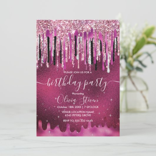 Kookroze zwarte druppels glittermonogram kaart (Staand voorkant)