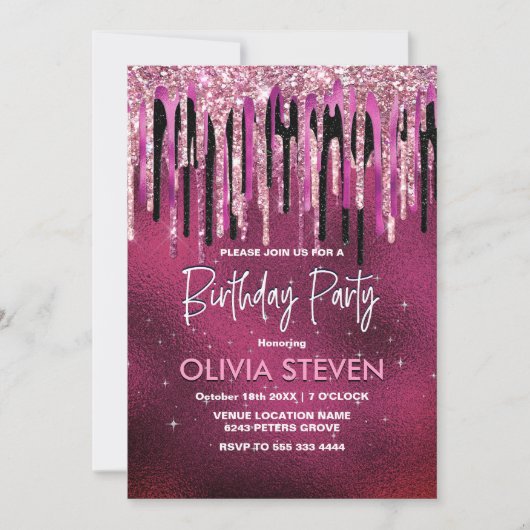 Kookroze zwarte druppels glittermonogram kaart (Voorkant)