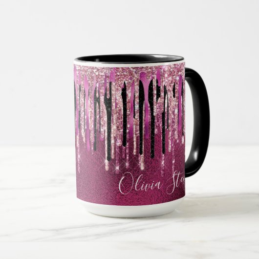 Kookroze zwarte druppels glittermonogram mok (Voorkant rechts)