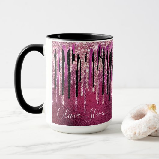 Kookroze zwarte druppels glittermonogram mok (Met donut)