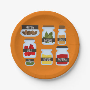 Kookstijl van kleurrijke specerijpotjes papieren bordje
