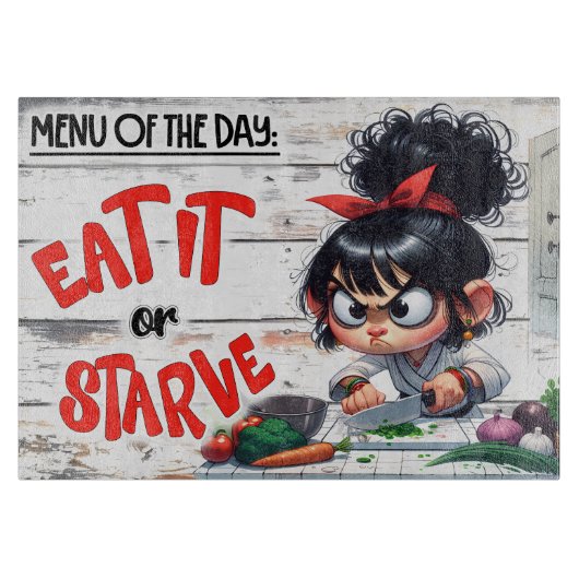 Kookstrip Kunst 'Eet het of verhonger' Snijplank (Voorkant)