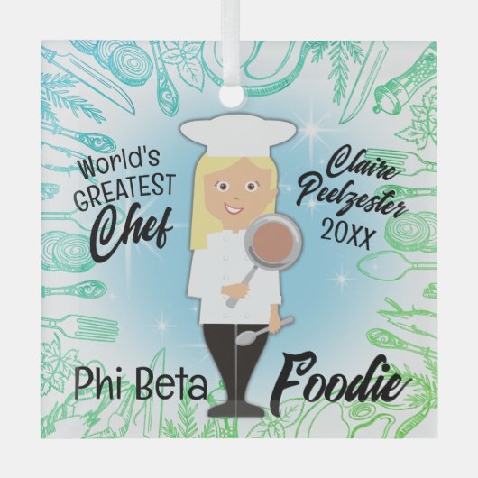 Kookvrouw met afstuderen blond haar glas ornament (Voorkant)