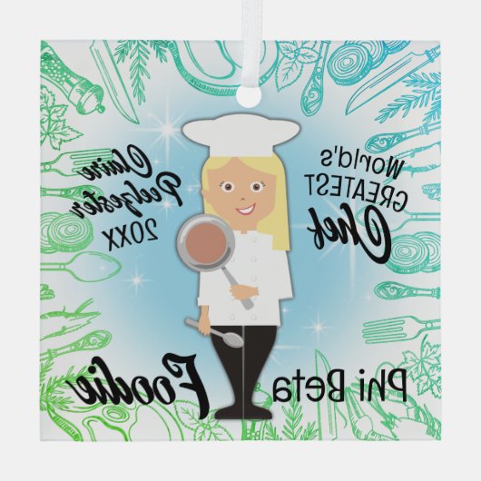 Kookvrouw met afstuderen blond haar glas ornament (Achterkant)