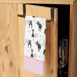 Kooky zwarte katten en roze Stippen keukenhanddoek