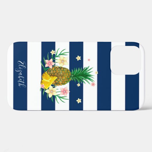 Kool-anananassbloemen, marineblauw gestreept Case-Mate iPhone case (Achterkant (horizontaal))
