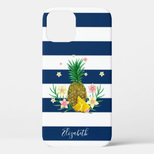 Kool-anananassbloemen, marineblauw gestreept Case-Mate iPhone case