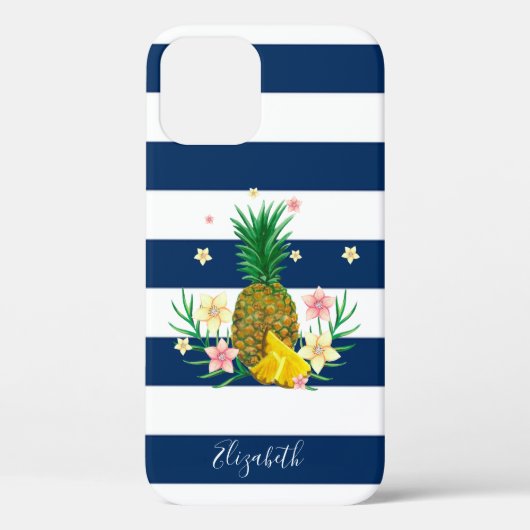 Kool-anananassbloemen, marineblauw gestreept Case-Mate iPhone case (Achterkant)