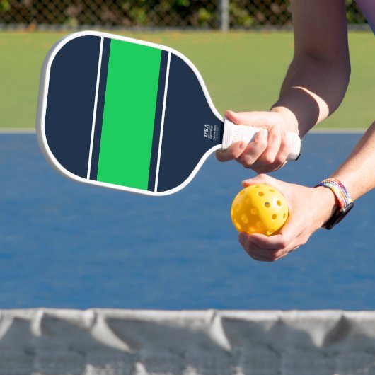 Kool Bold Nautical Navy Lime Green Racing Stripes Pickleball Paddle (Insitu)
