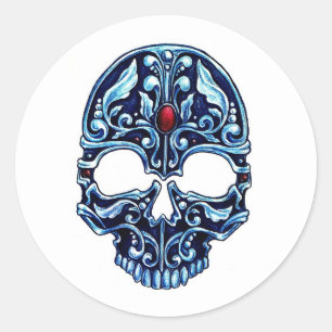 Kool cartoon tattoo symbool blauwe metalen schedel ronde sticker