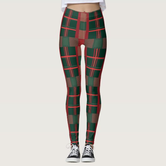 Kool Christmas Rood Groen Geruit Leggings (Voorkant)
