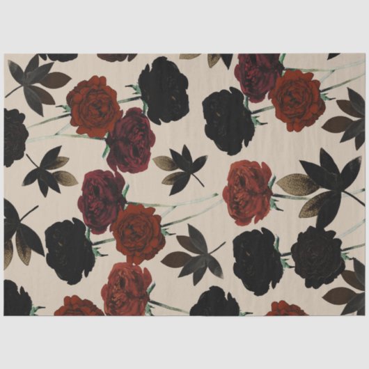 Kool Donker Bloemig Rood & Zwart Beige Botanisch Tissuepapier (Voorkant)
