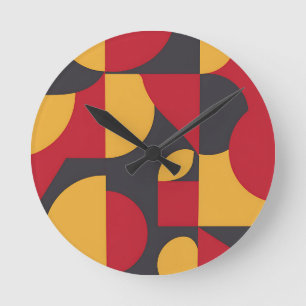 Kool Geometric Vormgegeven Rood Geel Grijs Patroon Ronde Klok