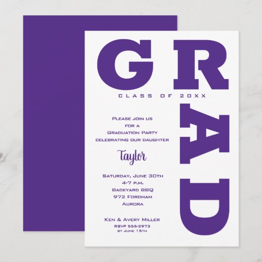 Kool GRAD Paars en Wit Afstuderen Kaart (Voorkant / Achterkant)