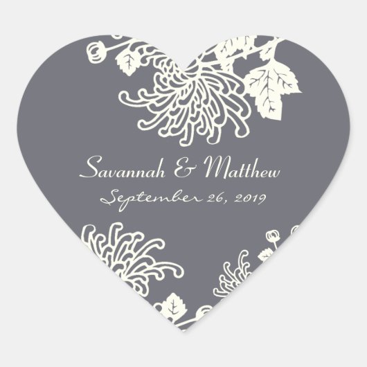 Kool Gray  Flowers Wedding Heart Seal Hart Sticker (Voorkant)