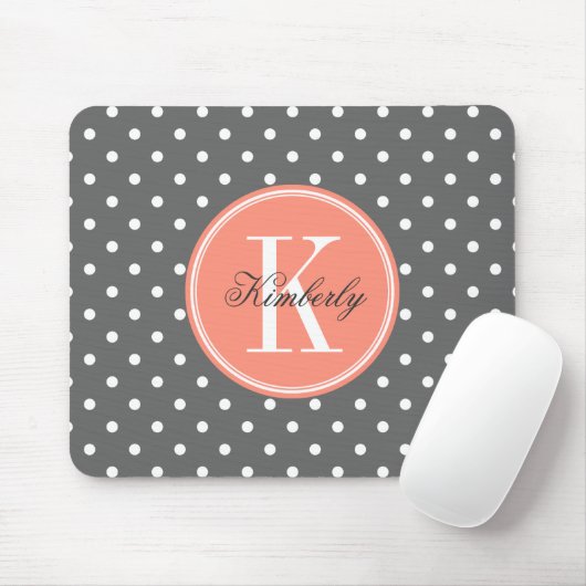 Kool Gray Polka Dot met Coral Monogram Muismat (Met muis)