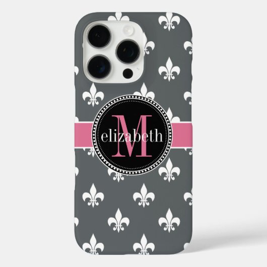 Kool Gray White Pink Fleur de Lis Monogram Case-Mate iPhone Case (Achterkant)