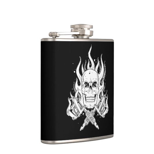 Kool klassiek zwart wit tattoo schedel, vlamgereed heupfles (Rechts)