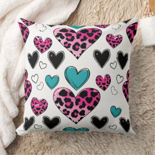 Kool Luipaard Hart Liefde – Roze, Zwart & Turquois Kussen