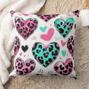 Kool Luipaard Hart Liefde – Roze, Zwart & Turquois Kussen