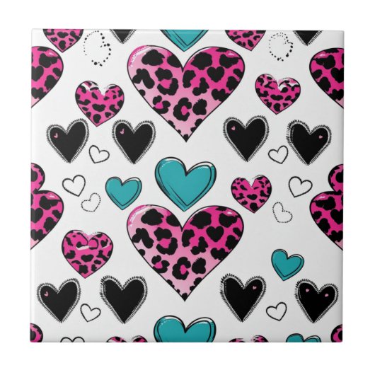 Kool Luipaard Hart Liefde – Roze, Zwart & Turquois Tegeltje (Voorkant)
