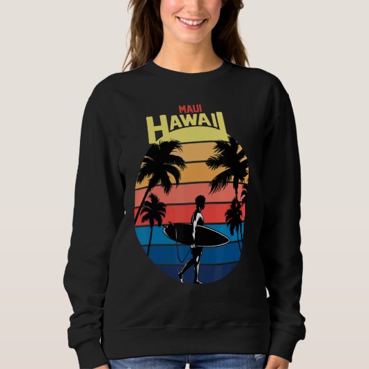 Kool Maui Hawaii Retro Sunset with Palm Tree Surfi Trui (Voorkant)