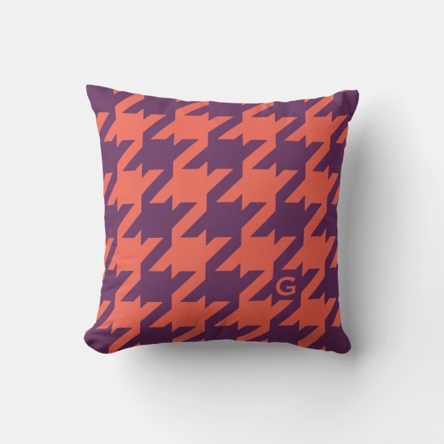 Kool modern paars oranje houndstooth monogram kussen (Voorkant)