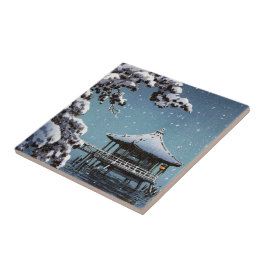 Kool-oosterse japanese zijdelingse winterkunst tegeltje